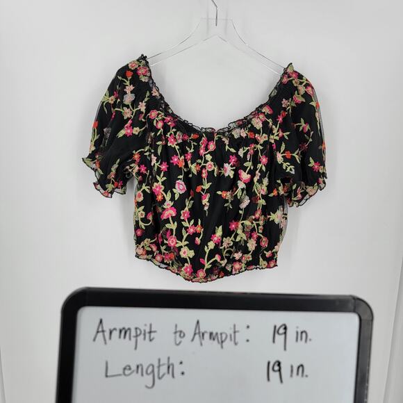 Forever 21+ Crop Top Womens 1X Off the Shoulder Black Floral Embroidered Boho - Picture 10 of 10